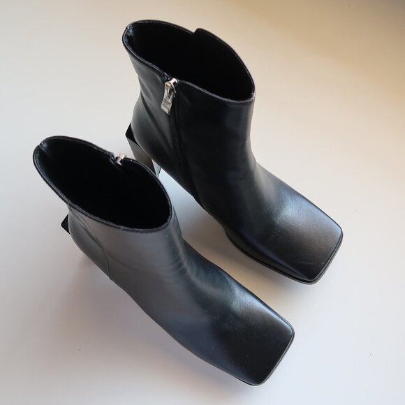 Black Square Toe Real Leather Block Heel Booties - Picture 4 of 10